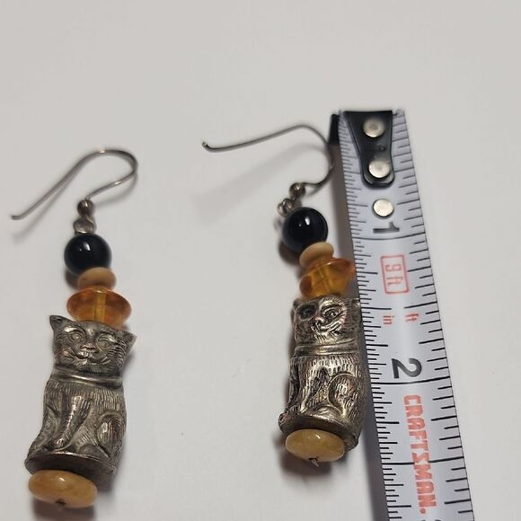 Beaded Silver Tone Cat Earrings With Sterling Silver Hooks - Picture 2 of 4